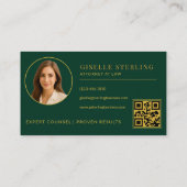 Carte De Visite Code QR de luxe vert émeraude et or pour avocat (Dos)