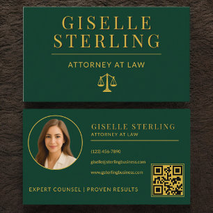 Carte De Visite Code QR de luxe vert émeraude et or pour avocat