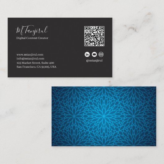 Carte De Visite Code QR de Mandala noir et bleu profond (Devant / Derrière)