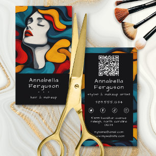 Carte De Visite Code QR de Maquillage de Cheveux Coloré Rétro d'Ar