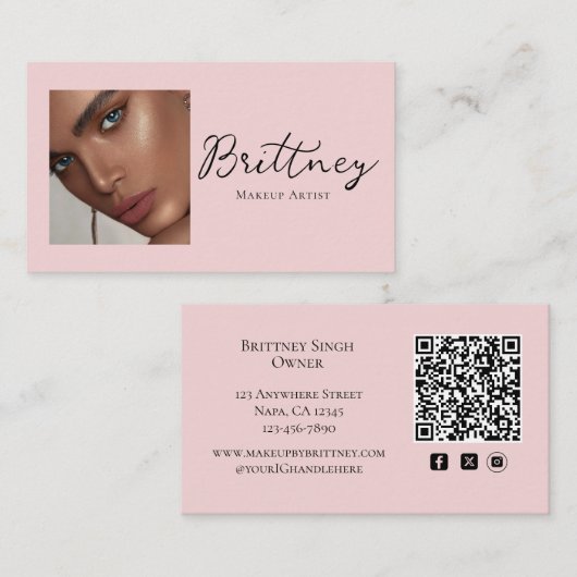 Carte De Visite Code QR de maquillage de photo de script rose (Devant / Derrière)