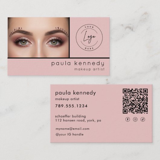Carte De Visite Code QR de Maquillage Moderne Rose Pâle (Devant / Derrière)