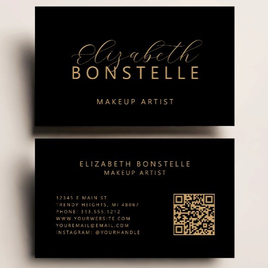 Carte De Visite Code QR de maquilleuse élégant noir or