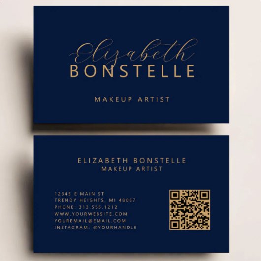 Carte De Visite Code QR de maquilleuse élégante Bleu marine Or