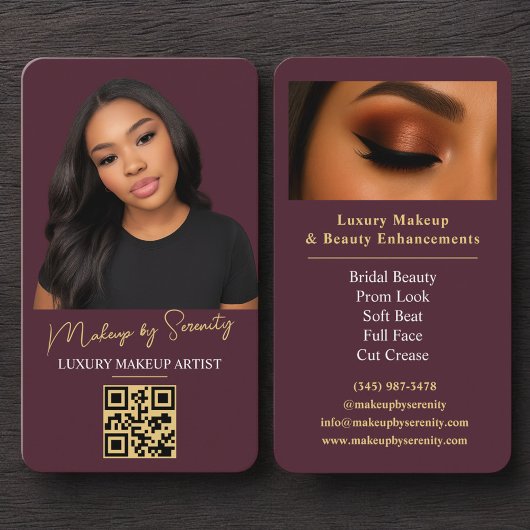 Carte De Visite Code QR de maquilleuse Luxe Bourgogne Or Beauté