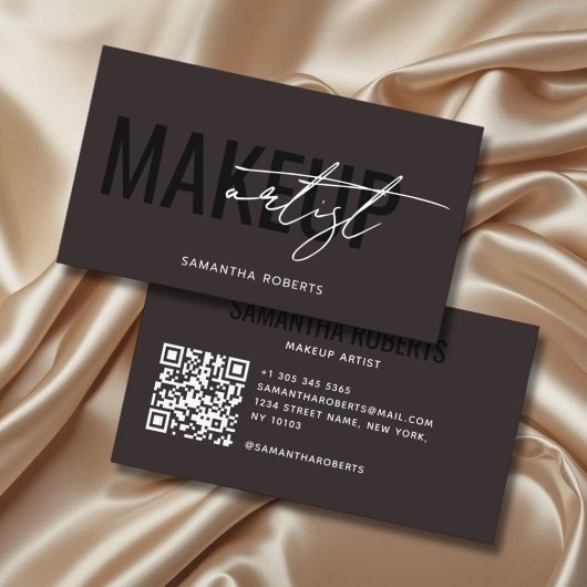 Carte De Visite Code QR de maquilleuse moderne brun foncé