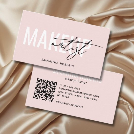 Carte De Visite Code QR de maquilleuse moderne rose poudré