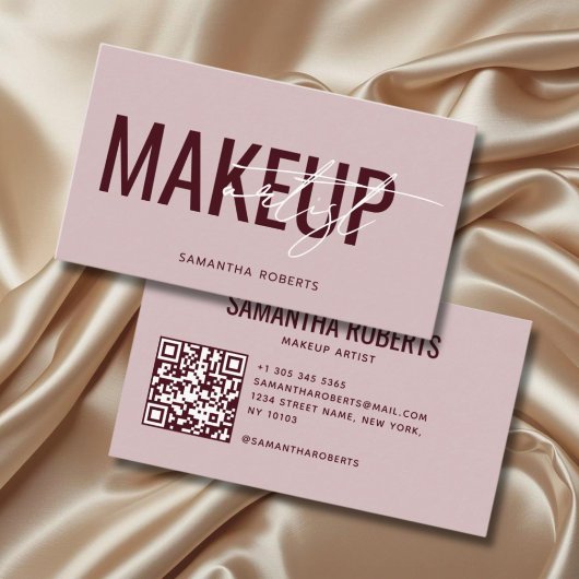 Carte De Visite Code QR de maquilleuse moderne rose rouge