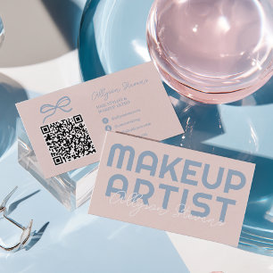 Carte De Visite Code QR de maquilleuse Rose Poudré et Bleu Rétro