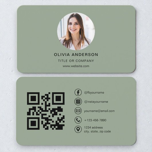 Carte De Visite Code QR de marque personnelle vert sauge moderne
