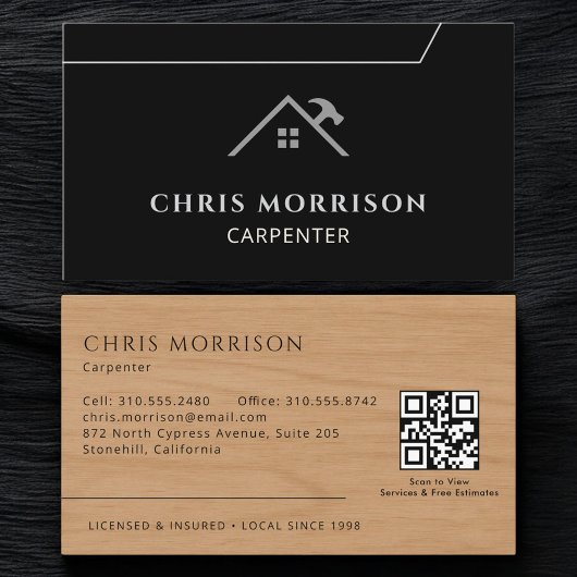 Carte De Visite Code QR de menuiserie de charpentier grain de bois