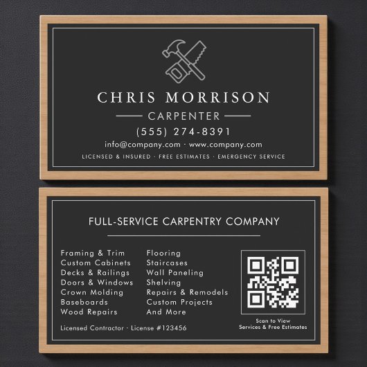 Carte De Visite Code QR de menuiserie de luxe pour charpentier