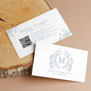 Carte De Visite Code QR de monogramme à couronne florale bleu pous