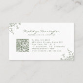 Carte De Visite Code QR de monogramme à couronne florale vert saug (Dos)
