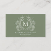 Carte De Visite Code QR de monogramme à couronne florale vert saug (Devant)