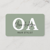 Carte De Visite Code QR de monogramme de coiffeur Vert Sauge (Devant)