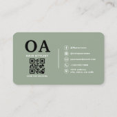 Carte De Visite Code QR de monogramme de coiffeur Vert Sauge (Dos)