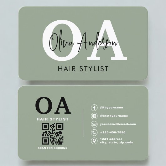Carte De Visite Code QR de monogramme de coiffeur Vert Sauge