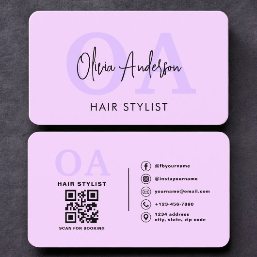 Carte De Visite Code QR de monogramme de coiffeur violet