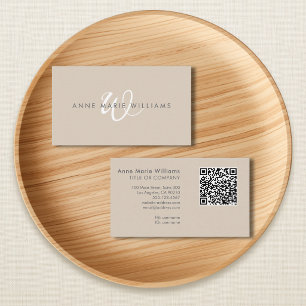 Carte De Visite Code QR de monogramme de script blanc marron moder