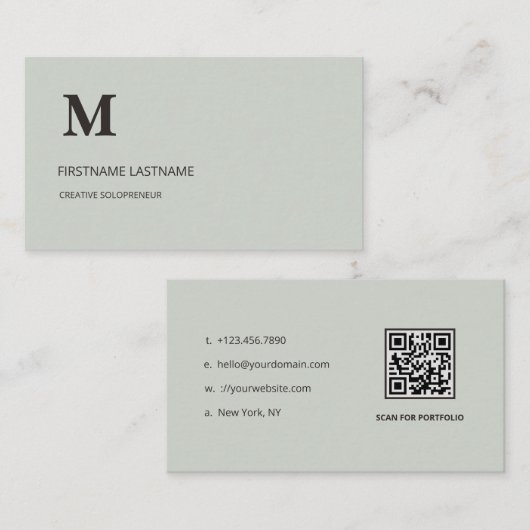 Carte De Visite Code QR de monogramme d'entreprise vert sauge mini (Devant / Derrière)