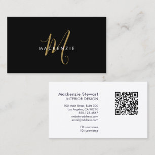 Carte De Visite Code QR de monogramme élégant moderne noir or scri