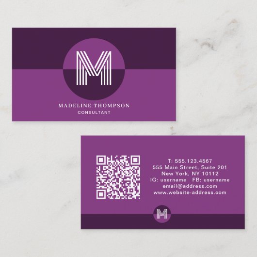 Carte De Visite Code QR de monogramme géométrique moderne violet p (Devant / Derrière)
