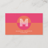 Carte De Visite Code QR de monogramme géométrique rose orange rétr (Devant)