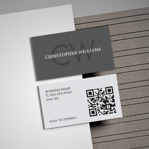 Carte De Visite Code QR de monogramme gris à texture élégante mode