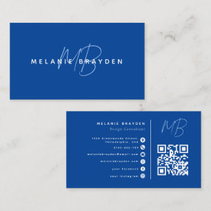 Carte De Visite Code QR de monogramme minimaliste bleu marine deux