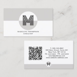 Carte De Visite Code QR de monogramme moderne géométrique noir et