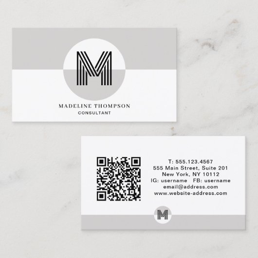 Carte De Visite Code QR de monogramme moderne géométrique noir et (Devant / Derrière)