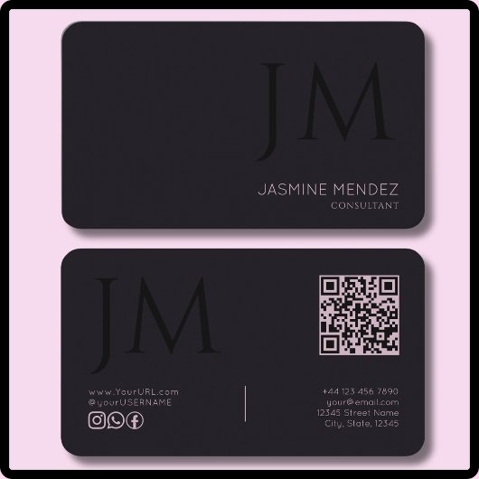 Carte De Visite Code QR de monogramme moderne lavande noir prune f