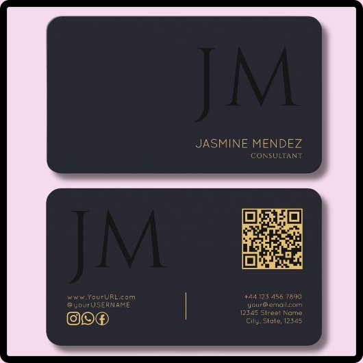 Carte De Visite Code QR de monogramme moderne noir indigo profond