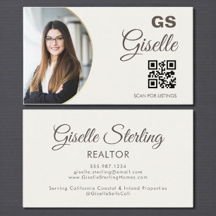 Carte De Visite Code QR de monogramme photo beige neutre pour agen