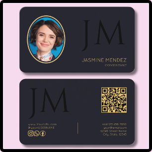 Carte De Visite Code QR de monogramme photo noir or indigo profond