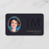 Carte De Visite Code QR de monogramme photo noir or indigo profond (Devant)