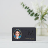 Carte De Visite Code QR de monogramme photo noir or indigo profond (Debout devant)
