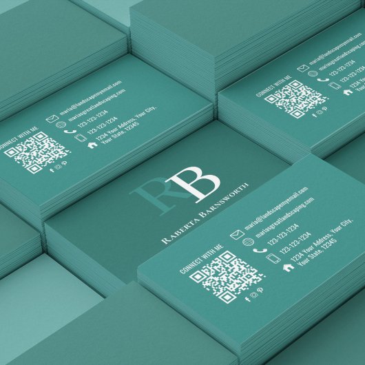 Carte De Visite Code QR de monogramme sarcelle élégant professionn
