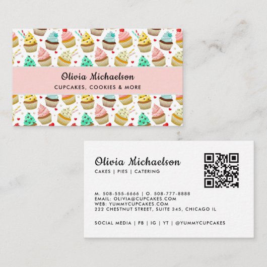 Carte De Visite Code QR de motif de cupcake mignon Boulangerie Pât (Devant / Derrière)