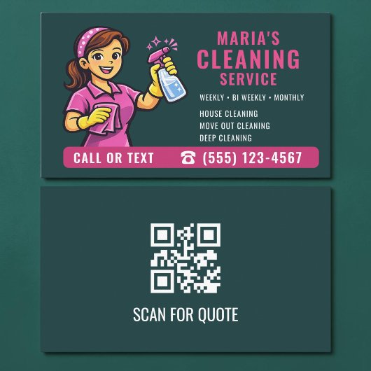 Carte De Visite Code QR de nettoyage de maison sarcelle vert rose