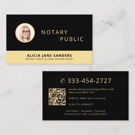Carte De Visite Code QR de notaire photo professionnel noir or (Devant / Derrière)