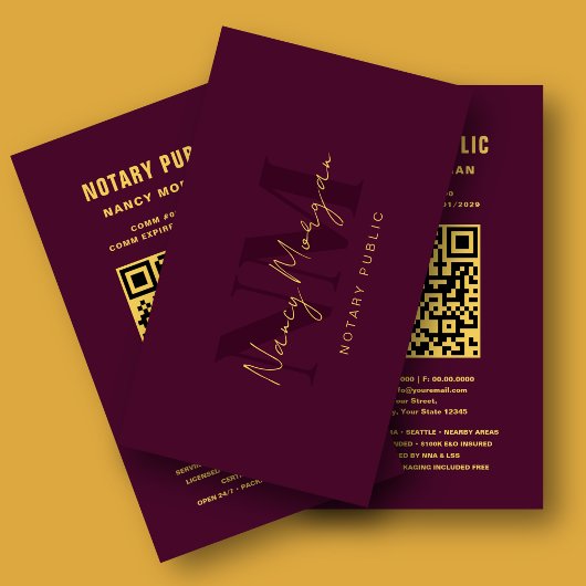 Carte De Visite Code QR de notaire public avec monogramme bordeaux