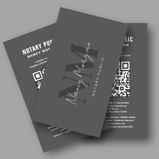 Carte De Visite Code QR de notaire public monogramme gris foncé mo