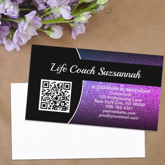 Carte De Visite Code QR de Parties scintillant Ombre violet profes