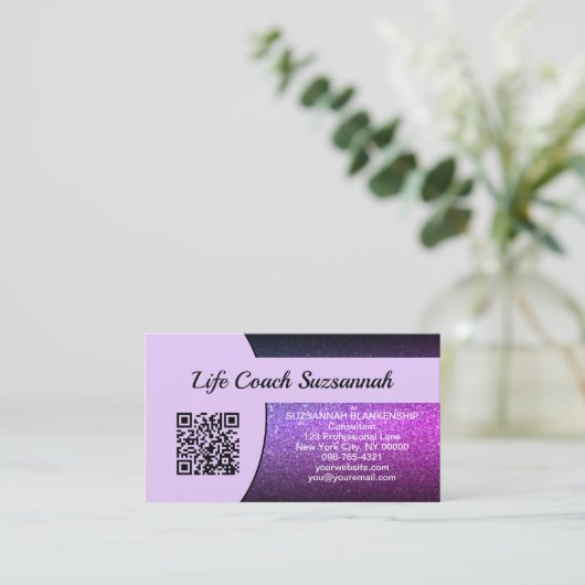 Carte De Visite Code QR de Parties scintillant Ombre violet profes (Debout devant)