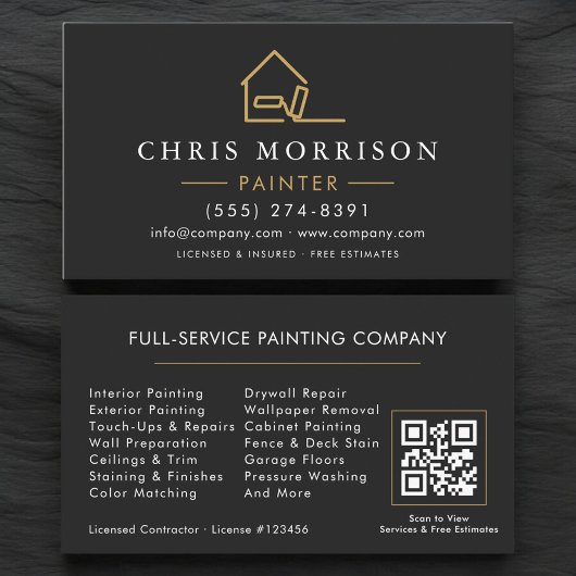 Carte De Visite Code QR de peintre de maison moderne noir or