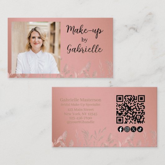 Carte De Visite Code QR de photo boho rose poussiéreuse botanique (Devant / Derrière)