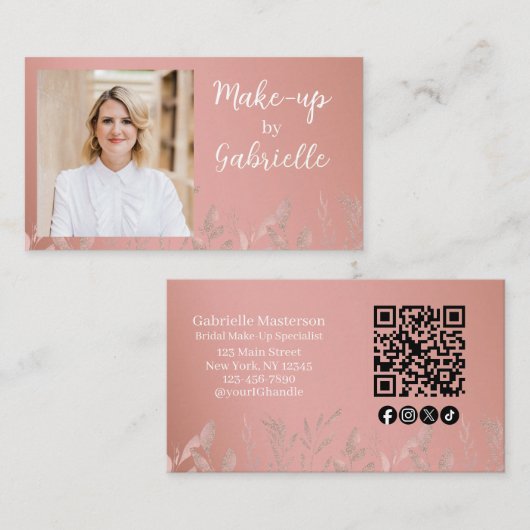 Carte De Visite Code QR de photo boho rose poussiéreuse botanique (Devant / Derrière)