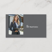 Carte De Visite Code QR de photo d'agent immobilier gris foncé (Devant)
